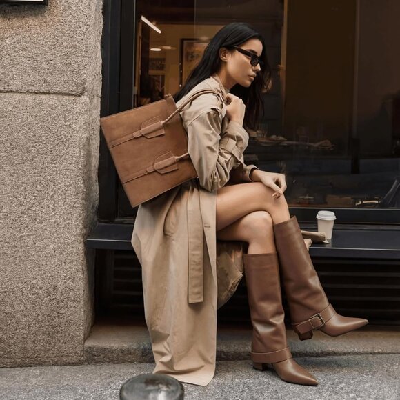 Women's Brown Wide Calf Pointed Toe Belt Buckle Knee High Fall Long Boot - Picture 3 of 6